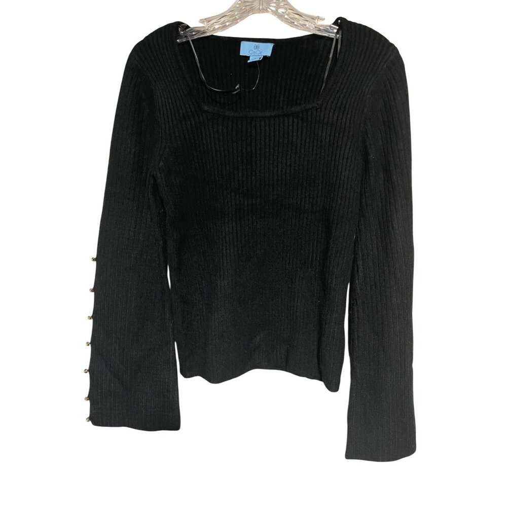 CeCe Black Ribbed Long Bell Sleeve Sweater Womens M Gold Button Sleeve Detail